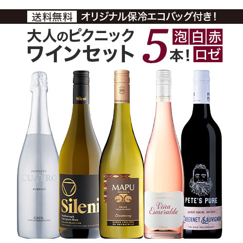 【5本セット】大人のピクニックワインセット 750ml × 5本 オリジナル保冷バック付 スペイン ニュージーランド チリ オーストラリア (白泡1本、白2本、ロゼ1本、赤1本)