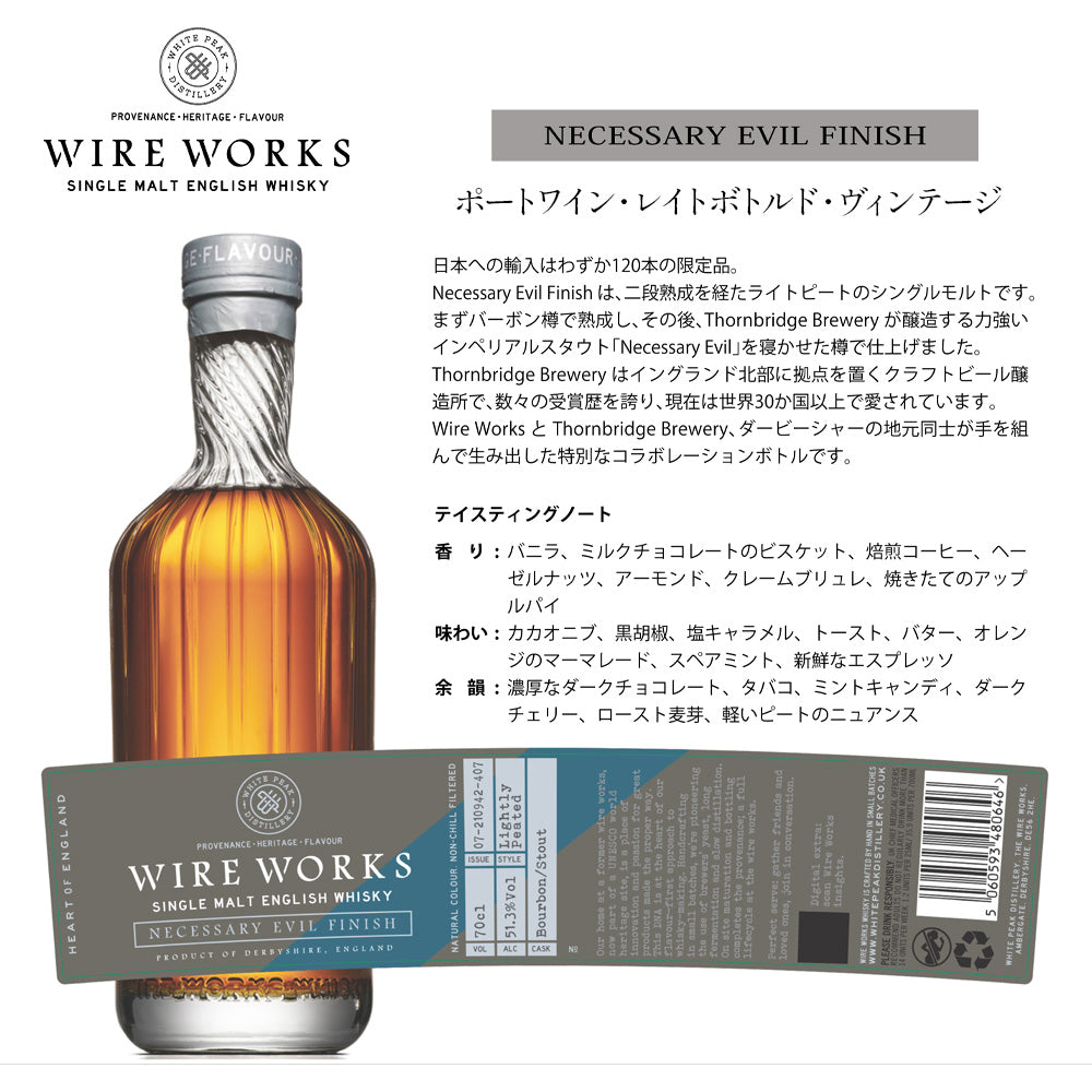 【正規輸入品】ワイヤー ワークス ネセサリー・イーヴィル・フィニッシュ 51.3% 700ml 箱なし シングルモルト イングリッシュウイスキー ホワイトピーク蒸留所