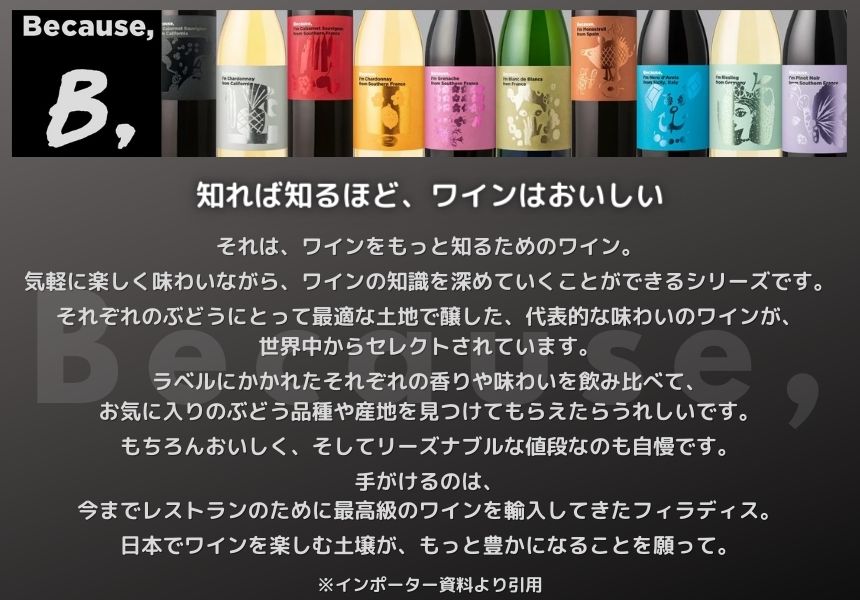 【ビコーズワインシリーズ】 葡萄品種別 飲み比べ 赤 白 750ml × 6本 セット （赤 × 4本・白 × 2本）送料無料