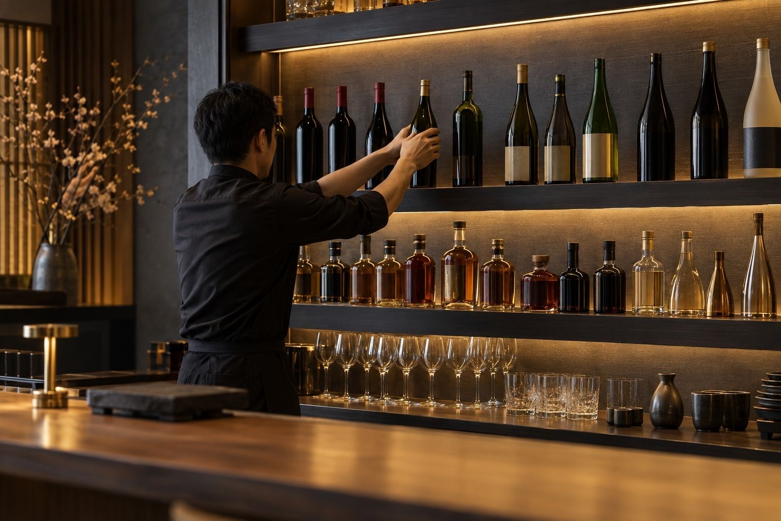 飲食店の開店準備でボトルを整えるスタッフ