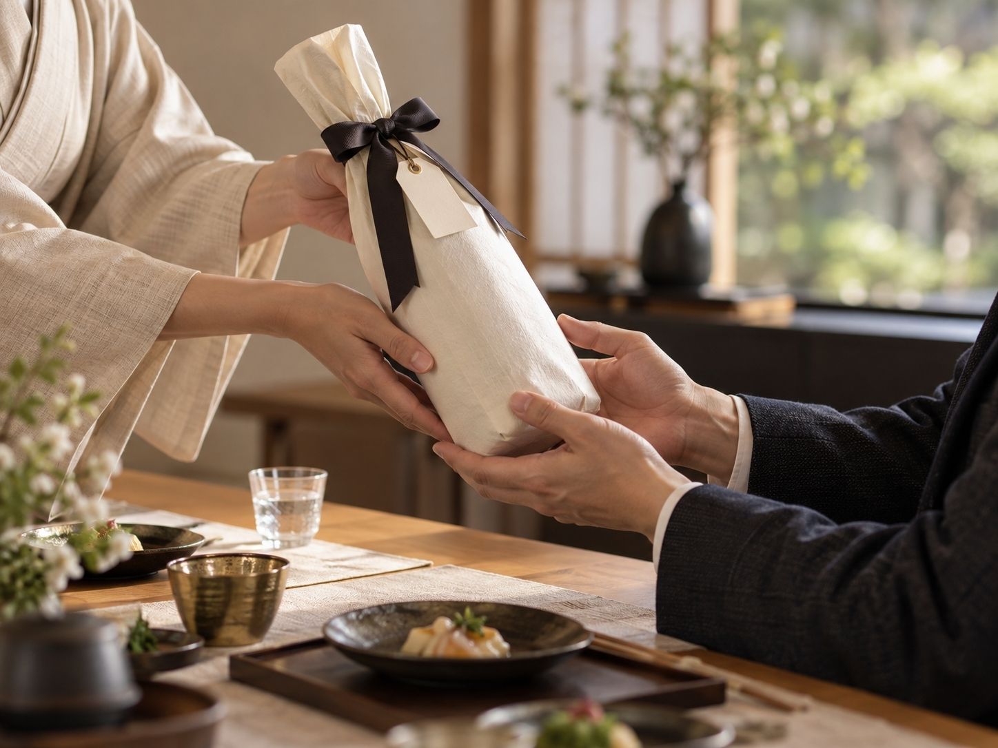 大切な人へお酒の贈り物を手渡す様子